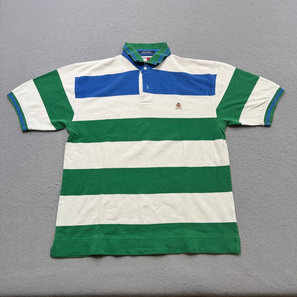 Tommy Hilfiger Polo Shirt Men's Large Green White Striped Athletic Short Sleeve